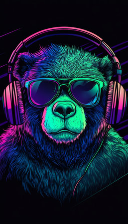 Colorful DJ Bear Portrait with Neon Headphones and Sunglasses, Perfect for Music and Party Themesの素材