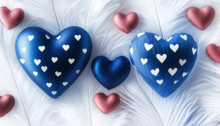 Romantic Valentine s Day Invitation Card with Soft Pink Hearts and Vibrant Blue Feathers Designの素材