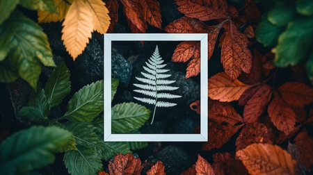 Autumnal Serenity A Lush Green Fern in a Square Frame Surrounded by Vibrant Leaves and Colorsの素材