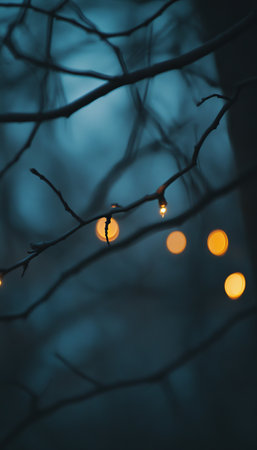 Enchanting Winter Night Frosty Branches Illuminated by Soft Bokeh Lights in Serene Dark Bluesの素材