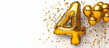 Golden Number 4 Balloon with Colorful Confetti for Birthdays and Anniversary Celebrationsの素材