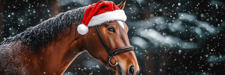 A Majestic Horse in a Festive Santa Hat Surrounded by Snowy Wonderland, Perfect for Holiday Cheerの素材