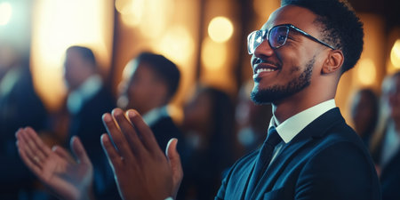 Diverse Team Celebrates Success at Corporate Event, Applauding Achievements and Team Camaraderieの素材