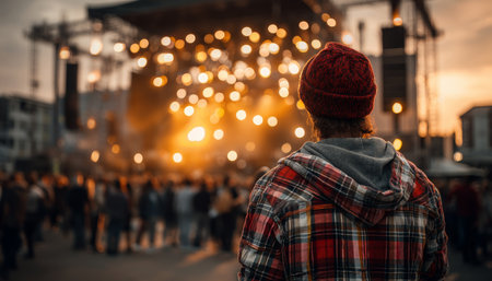 Vibrant music festival scene with bright lights, an energetic crowd, and an exciting stage.の素材