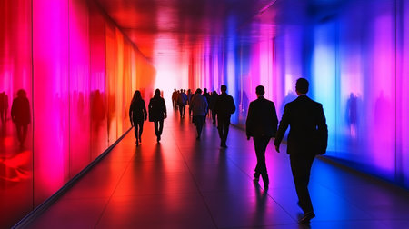 Neon Pathway Exploration Illuminated Modern Corridor with Figures in Abstract Design Conceptの素材