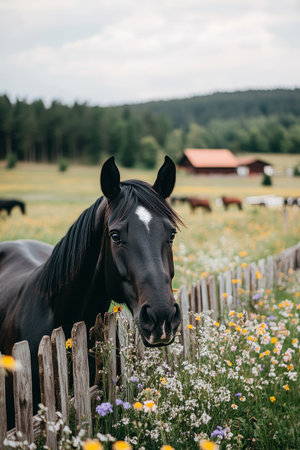 Beautiful Morgan Horse Grazing at Fence Surrounded by Picturesque Pasture and Blooming Flowersの素材