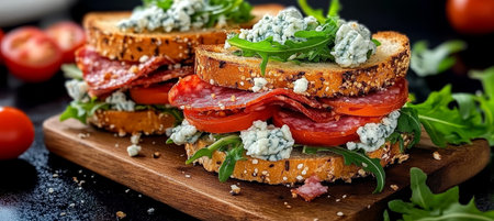 Delicious Gourmet Salami Sandwich on Toasted Bread with Blue Cheese, Arugula, and Vine Tomatoesの素材