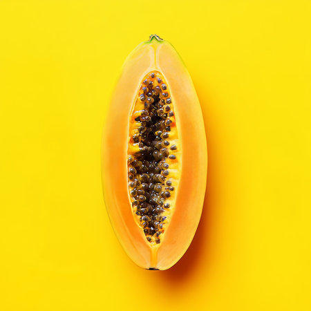 A Fresh Half Papaya with Shiny Black Seeds, Juicy Tropical Fruit on Sunny Yellow Backgroundの素材