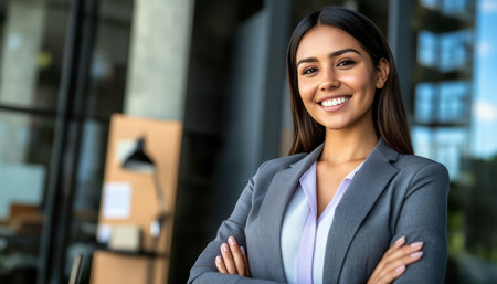 Confident Latina Businesswoman Smiling Outdoors, Embodying Success and Leadership in Her Fieldの素材