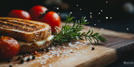 Grilled artisan cheese sandwich with melted cheese and a side of fresh tomato soup for dippingの素材