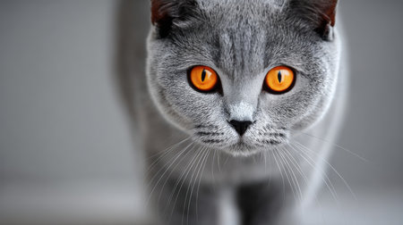 Charming Gray British Shorthair Cat with Striking Orange Eyes in Adorable Closeup Portrait Imageの素材