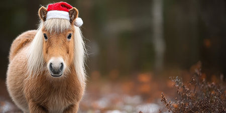 Adorable Miniature Winter Horse Wearing a Festive Hat for Holiday Season Advertising and Designsの素材