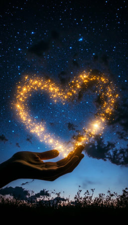 A Hand Offering a Glowing Heart-Shaped Nebula Against a Starry Night Sky as a Cosmic Gift of Hopeの素材