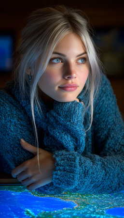A Thoughtful Blonde Girl Studies USA Geography with Curiosity and Academic Passion in a Classroomの素材
