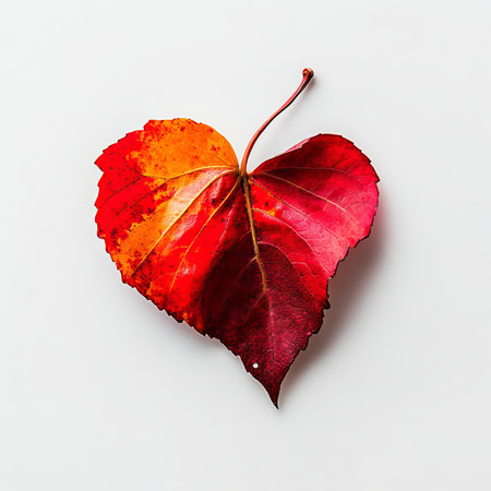 Vibrant Autumn Leaf Heart-Shaped Variegated Leaf Showcasing Fall Colors on White Backgroundの素材