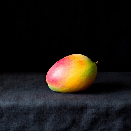 Fresh Mango Displayed on Black and Linen Background, Perfect for Healthy Eating and Tropical Vibesの素材