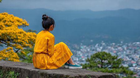 Contemplative Young Woman in a Yellow Dress Sitting on a Hilltop Overlooking Distant Horizonの素材