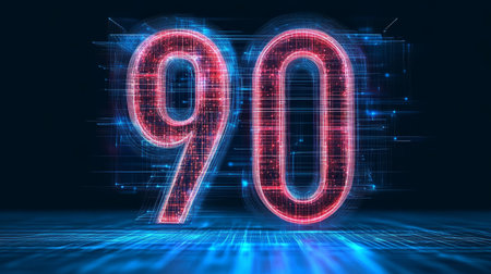 Futuristic Ninety Glows in a Vibrant Digital Landscape with Tech Lines and Interconnected Nodesの素材