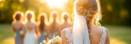 Bride Holding Flowers with Friends at Beautiful Sunset Wedding Ceremony, Celebrating Joyful Momentsの素材