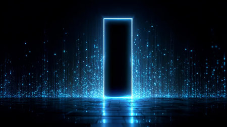 Digital Doorway Illuminating the Pathway Through a Data Stream to a Futuristic Cyberspace Worldの素材