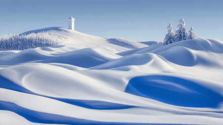 Stunning winter landscape with rolling snow-covered hills under a clear blue sky, peaceful scene.の素材
