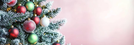 Beautifully decorated Christmas tree with shimmering lights and holiday ornaments in winter scenery.の素材