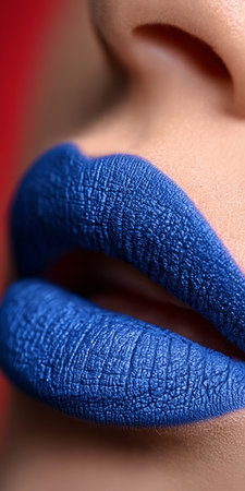 Close-Up of a Woman s Face with Bold Blue Lipstick and Subtle Lip Wrinkles in Makeup Artistryの素材
