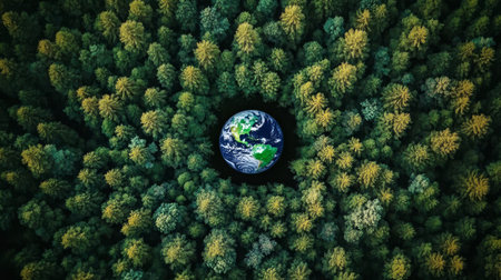 Aerial View of Lush Forest Surrounding a Central Earth Orb, Symbolizing Nature s Preservationの素材