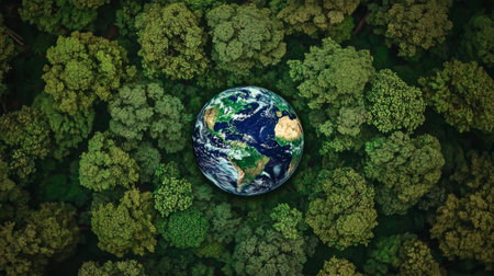 Lush Green Forest Canopy Overhead with Earth Below, Promoting Eco Awareness and Reforestationの素材