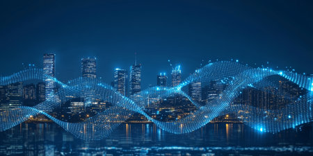 Futuristic Cityscape Featuring Digital Connectivity and Advanced Communication in Urban Lifeの素材