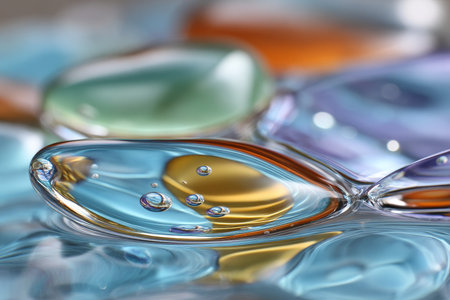 Abstract Transparent Liquid Blobs Forming Textured Surface with Multicolored Reflexes Over Turquoiseの素材