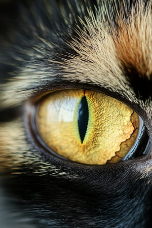 Close-Up of a Calico Cat s Face with Striking Yellow Eyes and Beautiful Colorful Fur Patternsの素材