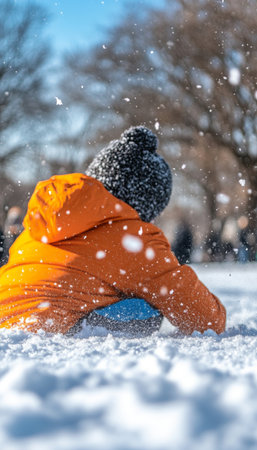 Joyful Child Playing in the Snow During Christmas Time, Embracing Winter Bliss with a Smileの素材