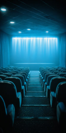 Tranquil Blue Cinematic Interior of an Empty Theater with Rows of Unoccupied Seats and Lightsの素材