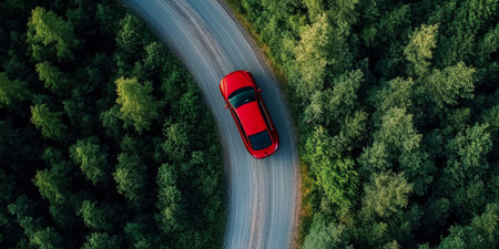 Aerial View of a Red Sedan Driving on a Winding Road Surrounded by Lush Green Forest Foliageの素材