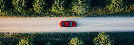 Stunning Aerial View of a Red Car Driving Through Lush Nordic Landscapes and Scenic Roadsの素材