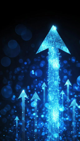 Futuristic Technology Advancement Digital Ascent with Glowing Arrows Representing Growthの素材