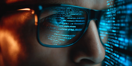 Close-up of a Cyber Security Specialist Analyzing Code Reflected in Eyeglasses, Digital Age Insightの素材