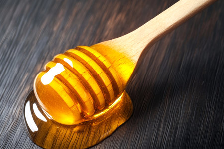 Close Up of Raw Unfiltered Honey Dripping from a Honey Dipper on Dark Wooden Table for Healthy Foodの素材