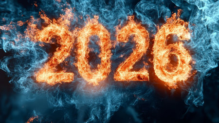 Vibrant and Intense 2026 Stock Image Depicting the Heat of a Flaming Year on Dark Backgroundの素材