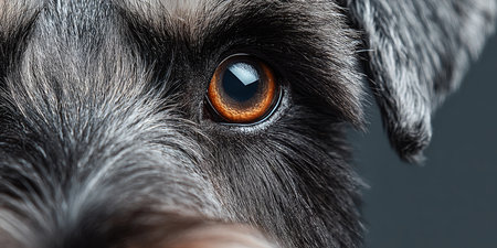 Closeup Shot of a Miniature Schnauzer Dog s Eye and Charming Expression on Grey Backgroundの素材