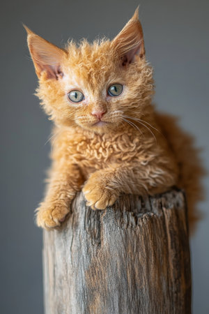 Adorable LaPerm Kitten with Unique Curly Fur Perched Elegantly on a Wooden Post, Gray Backgroundの素材