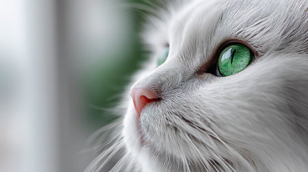 Graceful Snow-White Persian Cat with Striking Blue Eyes Posing Against a Soft, Subtle Backgroundの素材