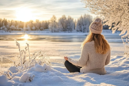Serene Woman Embraces Mindful Meditation in a Snowy Wilderness, Finding Inner Peace and Tranquilityの素材