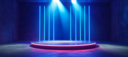 Futuristic Studio Room with Advanced Lighting Effects, Stylish Exhibit Stage and Podium Showcaseの素材