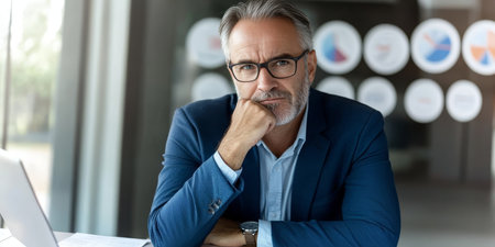 Expert Senior Businessman Analyzing Investment Strategy and Brainstorming in Modern Office Spaceの素材