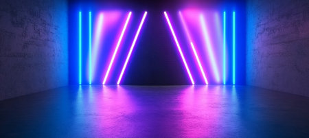 Sleek Dark Studio Stage with Glowing Neon Lights and Vibrant Spotlight Showcasing Reflectionsの素材
