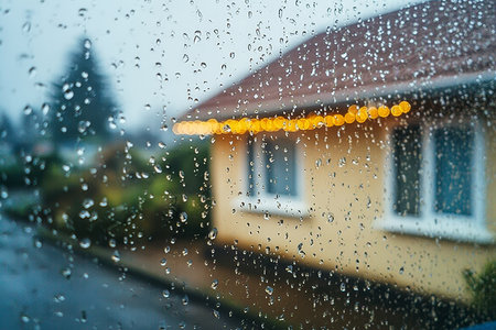 Raindrops on a Window with a Blurred House, Soft Focus, Autumn Vibes, and Warm Yellow Lightの素材