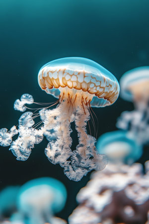 A Graceful Jellyfish Gliding Through the Ocean, Showcasing Its Translucent Beauty and Tentaclesの素材