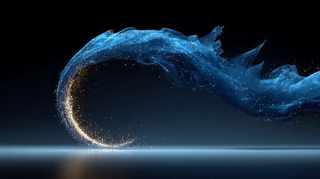 Abstract Blue Wave with Golden Particles Flowing in a Curving Pattern on Gradient Backgroundの素材
